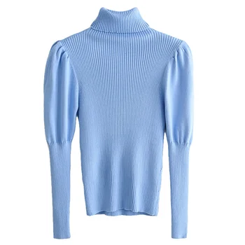 

Retro Stylish Turtleneck Knitted Sweater Women Tops 2020 New Puff Sleeve Stretchy sweater Ladies Soft Slim Pullovers Sweaters