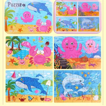 

Children's Puzzle Four In One Wooden Jigsaw Iron Box For Children's Intelligent Cartoon Toy Bricks
