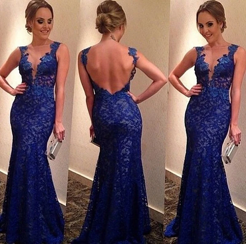 

2018 New Arrival Elegant Royal Blue Long Sexy Deep V-Neck Backless Sleeveless Floor Length Lace Party Gown bridesmaid dresses