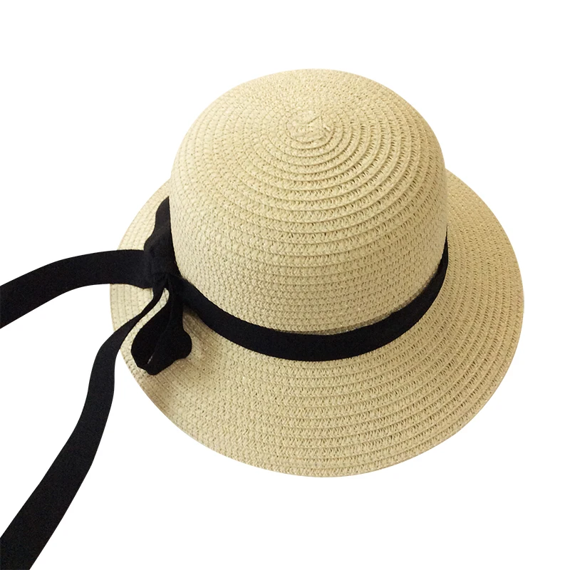 beige black ribbon Летняя кепка для девочек, черная лента, волнистые шляпы, шляпа для детей, декорированная Панама, пляжная шляпа для девочек, соломенная шляпа для защиты от солнца, Детская кепка - Цвет: beige black ribbon