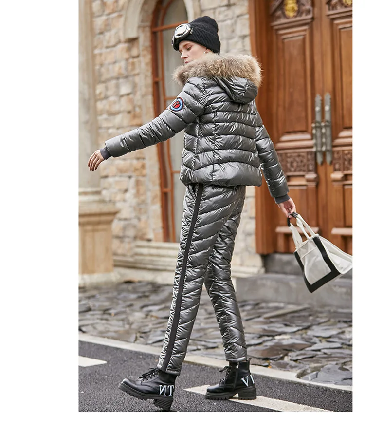 FORERUN/зимние спортивные костюмы для женщин, лыжная парка и брюки, костюм, натуральный мех, с капюшоном, с хлопковой подкладкой, теплые зимние комплекты из двух предметов