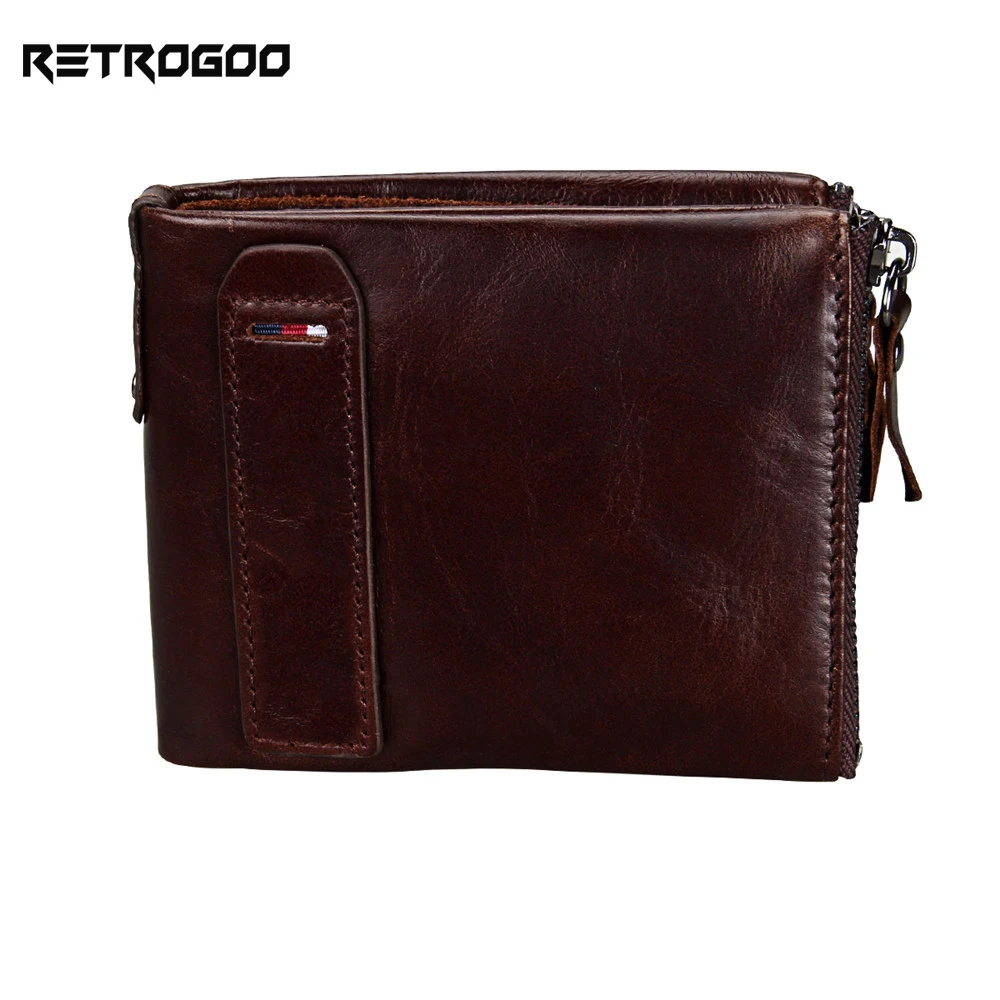 

RETROGOO Genuine Cow Leather Men Wallet FRID Vintage Double Zipper Card Holder Women Purse Coin Bag Unisex Money Bag Carteira