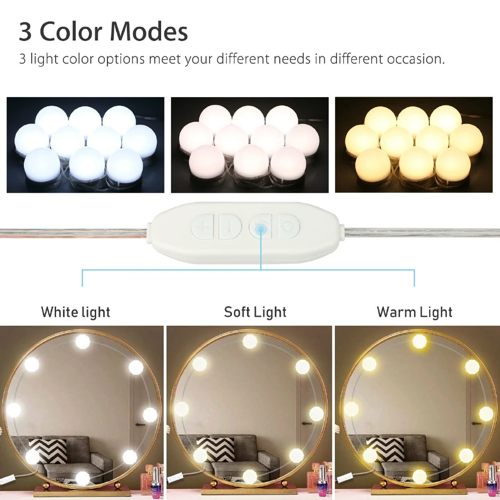 10LED LED Makeup Mirror Light Bulb Hollywood Vanity Lights Stepless Dimmable Wall Lamp Bulbs Kit for Dressing Table
