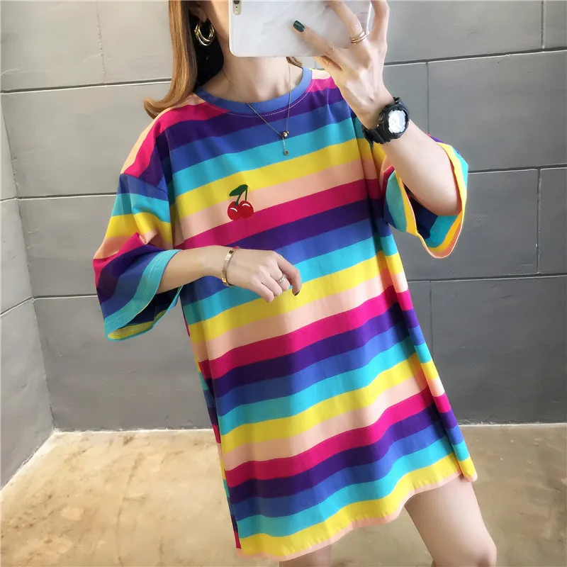 Summer Boyfriendy Loos Rainbow Striped T-shirts Women Plus Size Streetwear Harajuku Oversized T Shirt Casual Femme Tops Tees
