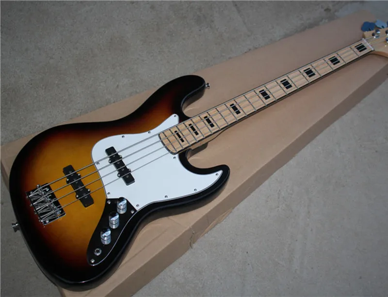 

4-String Bass Guitar,Tobacco Sunburst Color,White Color Pickguard,2 Single Open Pickups,Maple Fingerboard and can be Customized