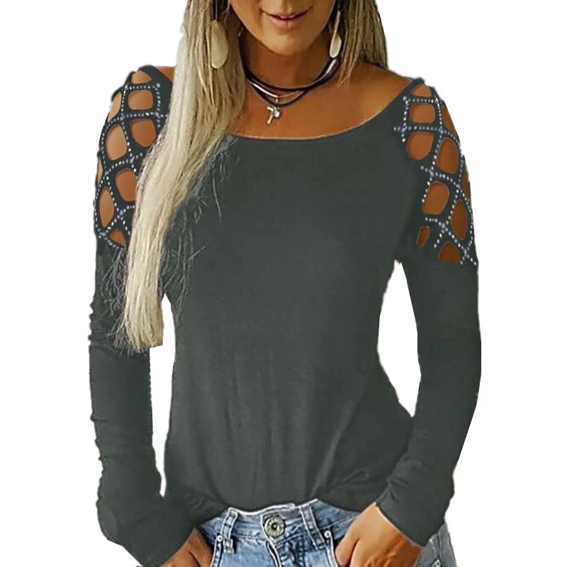Женская футболка 3XL 4XL 5XL размера плюс, Однотонная футболка, стразы, с длинным рукавом, сексуальная клубная одежда для вечеринки, футболка, женские топы