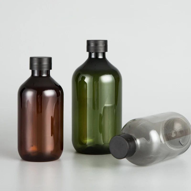

300ml 500ml 12pcs/lot Gray/Brown/Green Empty Cosmetic Bottle With Black Plastic Screw Caps, Plastic Toner Container Oil Bottles