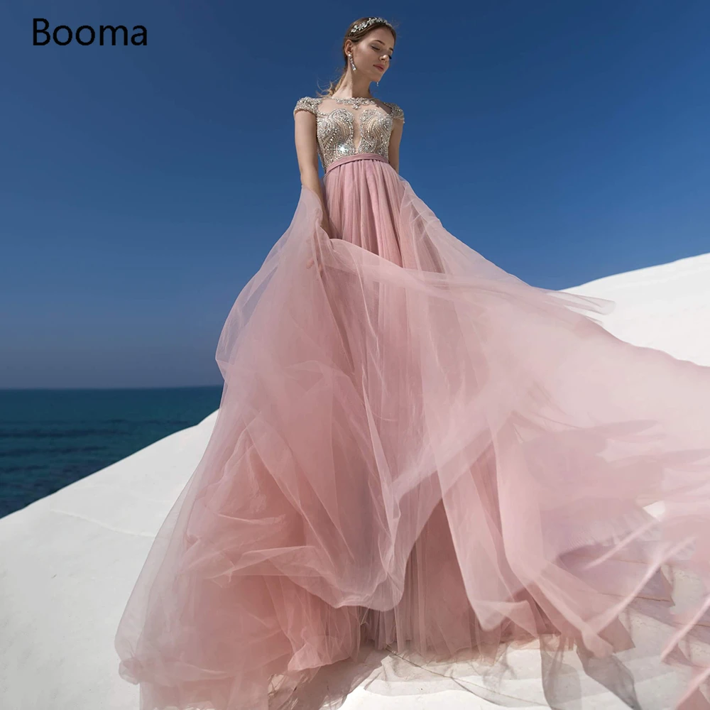 

Glitter Pink Beach Wedding Dresses O-Neck Heavy Beaded Top Crystals Bride Dresses Cap Sleeves Illusion A-Line Wedding Gowns