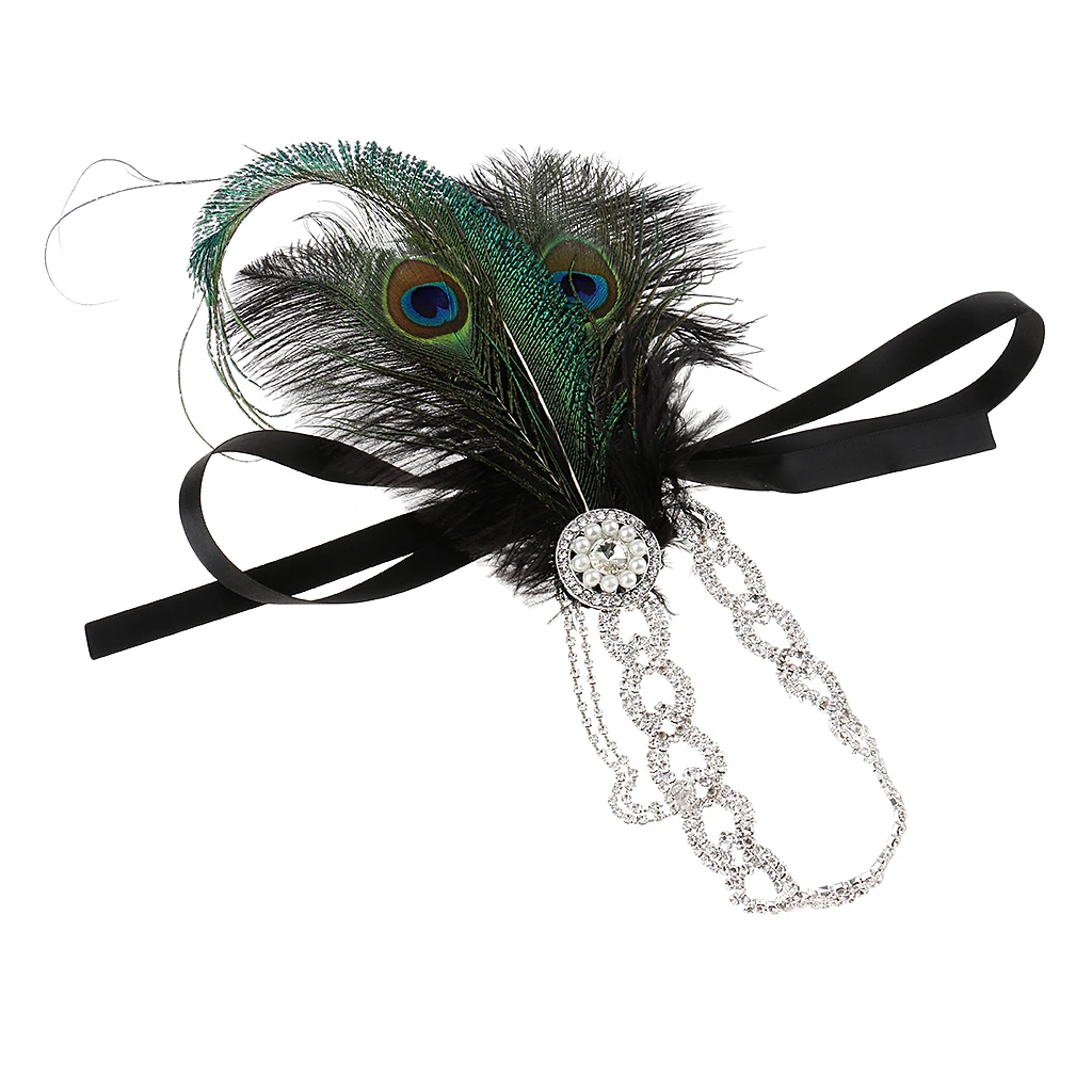 Women Peacock Feather Crystal Chain Tassel Pearls Fascinator 20s Flapper Headband Wedding Party Prom Cocktail Hair Accessory