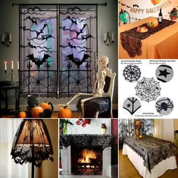 

Halloween Black Lace Spider Web Topper Lamp Shades Fireplace Mantle Scarf Cover Halloween Party Decor