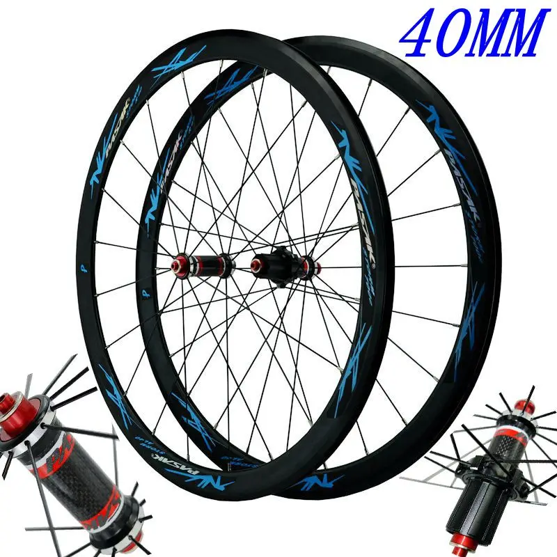 700C колеса из углеродного волокна для шоссейного велосипеда Велосипедное колесо светильник с дисковыми тормозами V/C тормоза Вт, 30 Вт, 40 мм обод прямая открывания консервной банки из нержавеющей стали спиц - Цвет: black hub blue 40MM