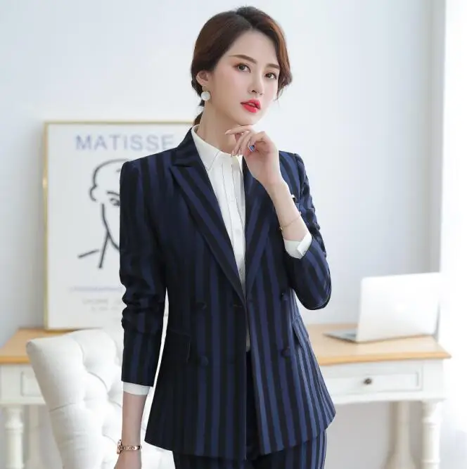 Blue stripe blazer Синий Полосатый профессиональный брючный костюм осень-зима, модный блейзер с длинным рукавом и брюки, Офисная Женская Повседневная Рабочая одежда - Цвет: Blue stripe blazer