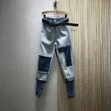 Европейские Осенние новые персональные леопардовые поддельные две Лоскутные с высокой талией свободные прямые джинсы брюки Женская мода уличная