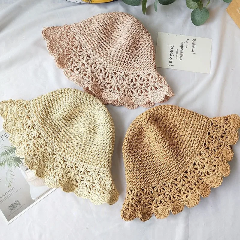 

INS Spring Summer Girl Hats New Baby Bucket Hats Handmade Series Children Woven Straw Cap Topee Girls Outing Sun-resistant Caps