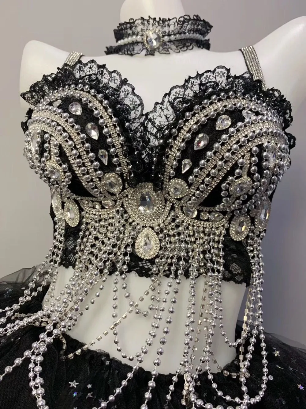 Shining Silver Rhinestones Beading Black Lace Bra Tutu Skirt Women's Evening Dance Female Singer Nightclub Bar Outfit Set