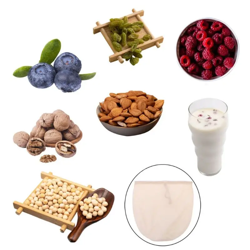 Reusable Cotton Nut Milk Bag Drawstring Fine Mesh Filter Bag Food Strainer for Soy Milk Tea Cold Brew Coffee Fruit Juice Soup