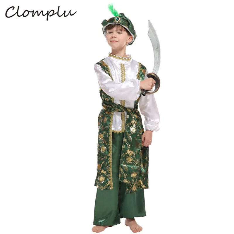 Clomplu/костюм арабского принца для костюмированной вечеринки на Хэллоуин для детей, для мальчиков, аниме, вечерние, праздничные костюмы для детей зеленый один комплект Топы Брюки шляпы