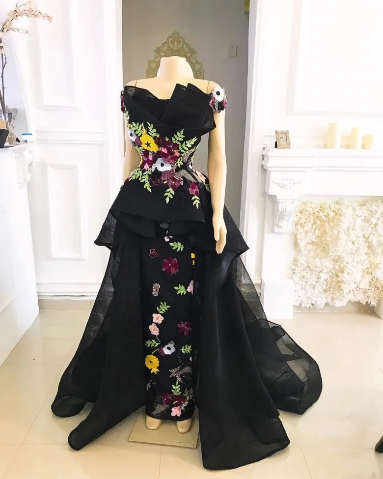 Aso Ebi арабское облегающее Черное вечернее платье кружевные платья на выпускной с аппликацией роскошное Тюлевое Формальное праздничное платье