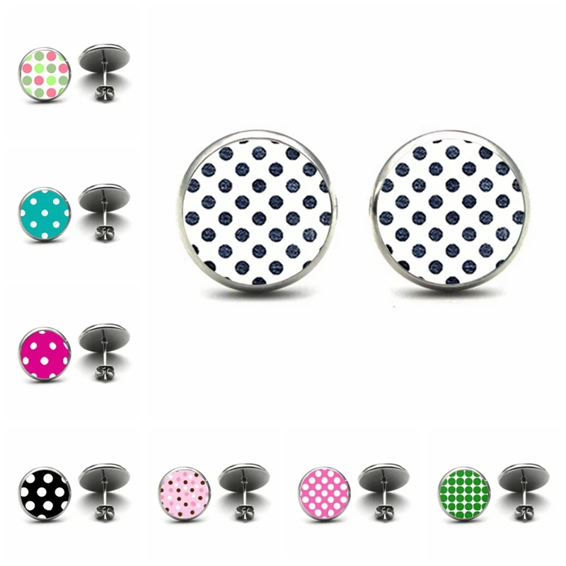 fashion Polka Dot Earrings Colorful Dots Stud Earring Glass Dome For Women Drawing gift jewelry Woman | Украшения и аксессуары
