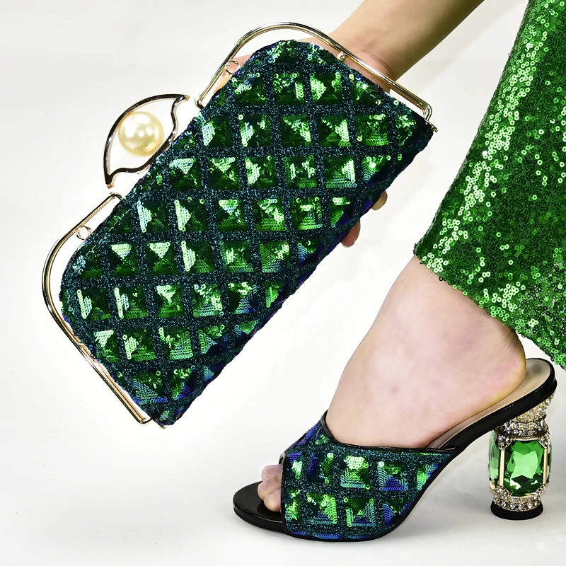 

Shinning shinning green italian shoes and bag matching set with many sequins bling bling shoes matching bag set SB8439-5