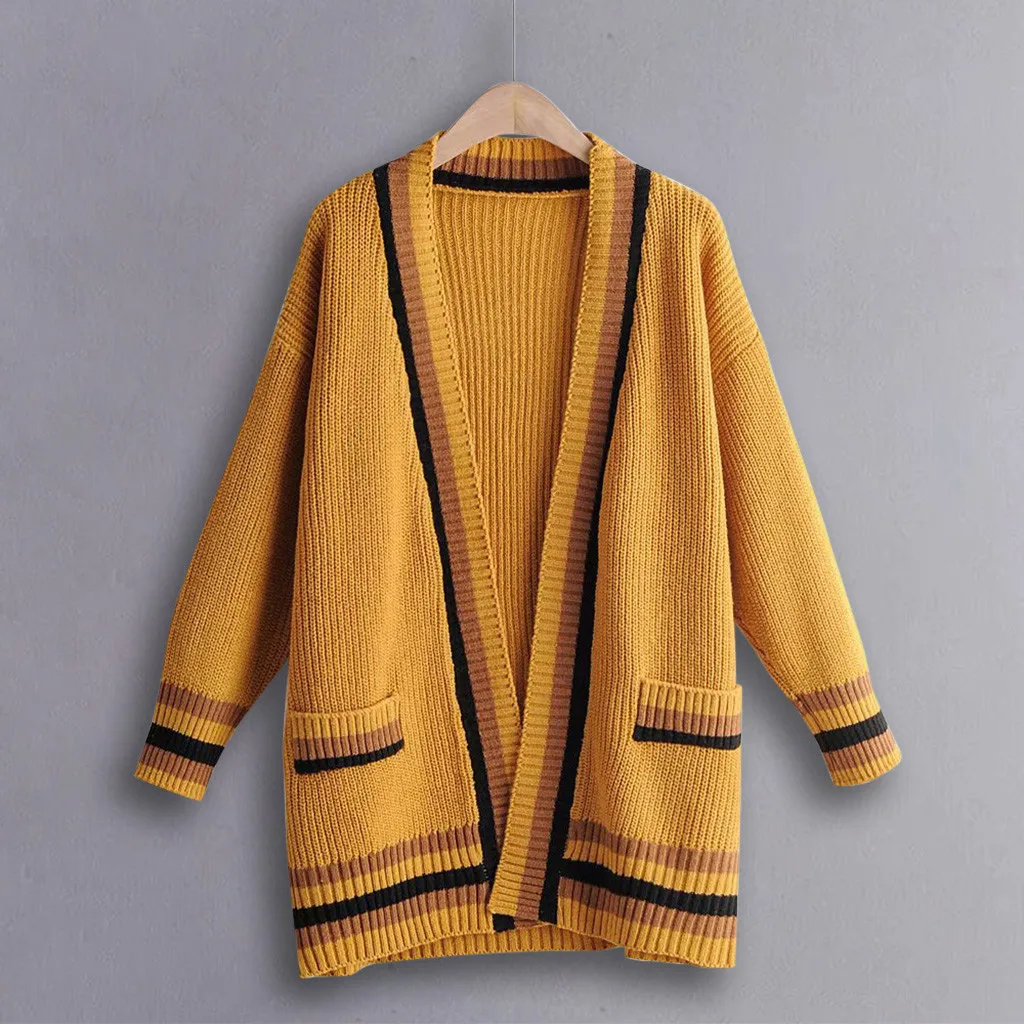 

Autumn Sweater Loose Korean Medium Length Long Sleeve V Collar Knitted Stripe Sweater Cardigans Women Jumper Pull Femme#J30