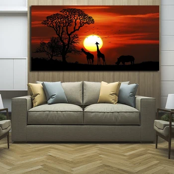 

OUCAG Giraffes Sunset Canvas Painting Wild Animal Natural Landscape Posters and Prints Wall Art Pictures Decor For Living Room