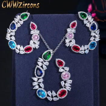 

CWWZircons Unique Designer Multicolor CZ Ladies Jewelry Sets Big Cubic Zirconia Crystal Flower Earrings and Necklace Set T383