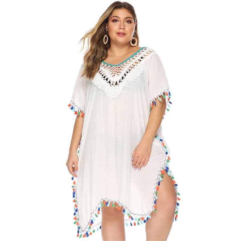 2021 Summer Women's Irregular Hand Hook Stitching Color Tassel Deep V Sexy Loose Bikini Beach Cover Up Backless Dress
