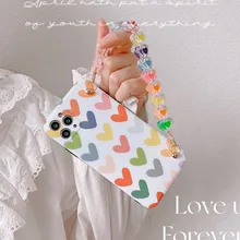

Wrist Chain Case for iPhone 11 12Pro Max 7 8 Plus XR XS Max IMD Cases Cute Colorful love Heart Chain Hanging Case for iPhone 12