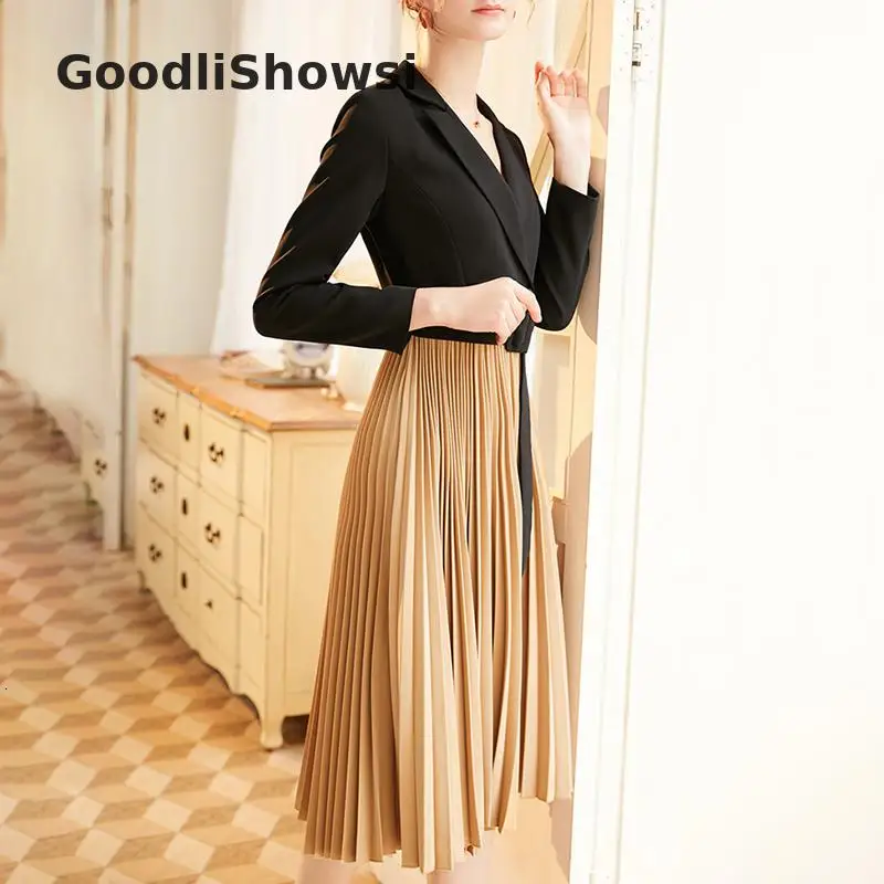 GoodliShowsi, Новое поступление, элегантное женское платье-Блейзер, контрастный цвет, пэчворк, зубчатые лацканы, длинный рукав, пояс, плиссированные платья