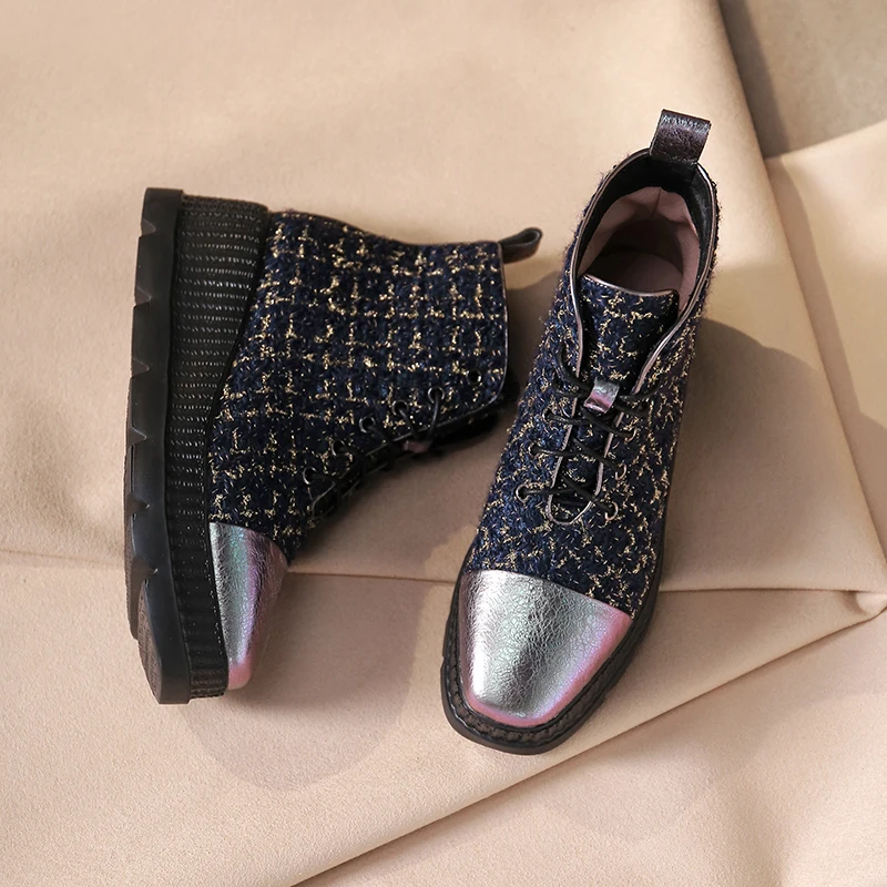 Women's genuine leather fabric patchwork lace-up platform flats ankle boots leisure punk short martin boots high quality shoes