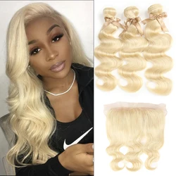 Black Pearl 613 Blonde Bundles With Frontal Straight Remy Hair Bundles Blonde Brazilian Hair Weave 2/3 Bundles With Frontal