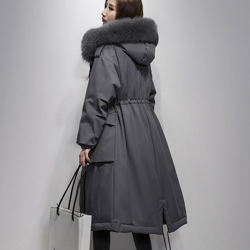 

Winter Large Real Fox Fur Collar 90% White Duck Down Jacket Women Loose Long Down Coat Hooded Outwear Warm Thick Parka