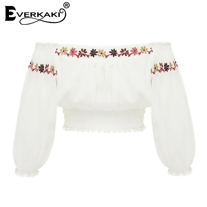 Everkaki Boho Цветочная женская блузка с вышивкой короткие топы с открытыми плечами на шнуровке винтажный топ в цыганском стиле Блузки женские Осень новинка