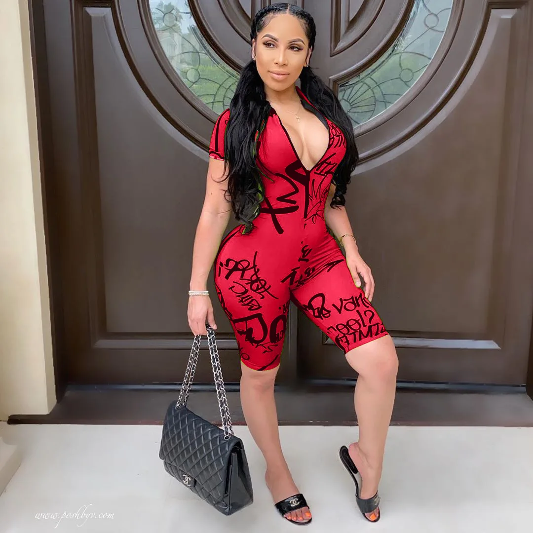 Letter Print Sports Jumpsuit Women Romper Summer Sexy Bodysuit Short Sleeve Zipper Biker Shorts Playsuits Mono Mujer Letter Print Sports Jumpsuit Women Romper Summer Sexy Bodysuit Short Sleeve Zipper Biker Shorts Playsuits Mono Mujer