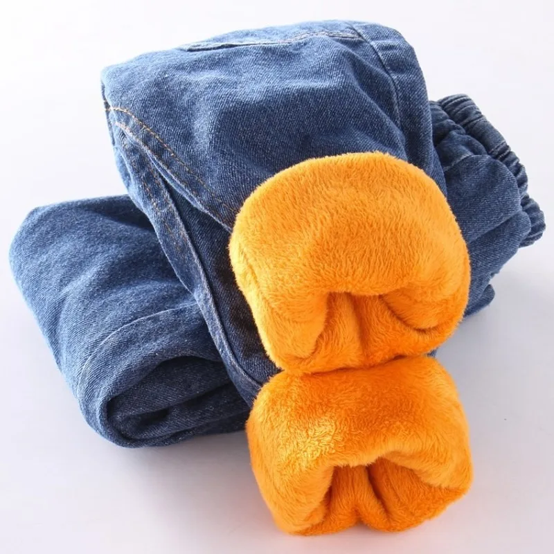 Boys Girls Thick Winter Warm Cashmere Jeans Children Plus Velvet Cotton Trousers Long Pants Kids Fashion | Мать и ребенок