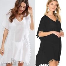 Women Beach Dress Solid Swim Wear Bikini Cover Ups with Tassel Summer Beachwear Holiday Sundress Sun Bathing Wear Women Beach Dress Solid Swim Wear Bikini Cover Ups with Tassel Summer Beachwear Holiday Sundress Sun Bathing Wear