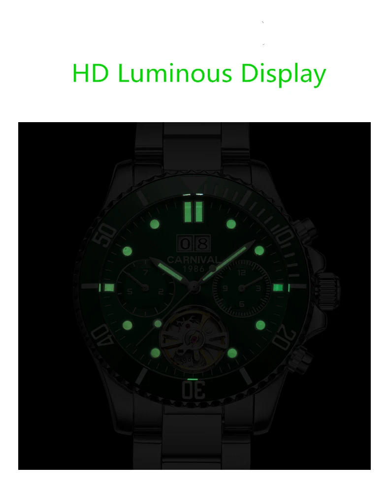 2019Carnival Tourbillon автоматические механические часы мужские часы лучший бренд класса люкс водонепроницаемые светящиеся зеленые спортивные часы relogio