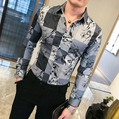 Для мужчин s рубашка с длинными рукавами Для мужчин Blusa Masculina Стройное пригодное гавайская рубашка фотографии зеленого фона напечатанные на Camisetas Hombre Ropa рубашка с длинным рукавом - Цвет: Black White Shirt