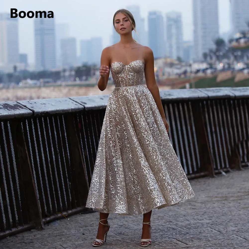 

Booma Glitter Sequin Lace Prom Dresses Sweetheart A-Line Short Prom Gowns Open Back Sleeveless Tea-Length Formal Party Gowns