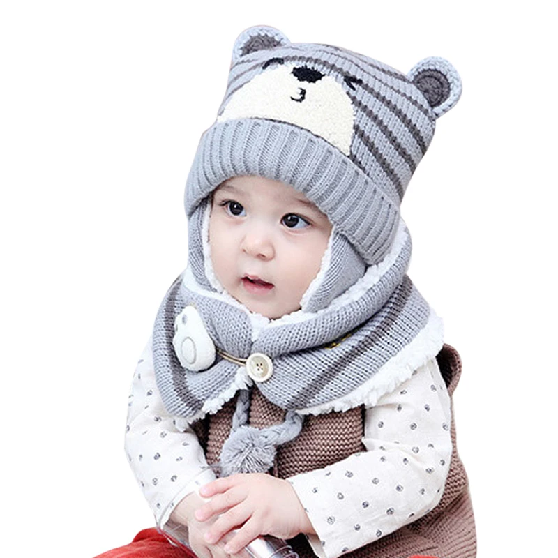 Loozykit 2 pcs Warm Hat Suit Baby Boy Girls Thermal Knitted Cartoon Bear Hat Scarf Toddler Winter Fleece Cap Set