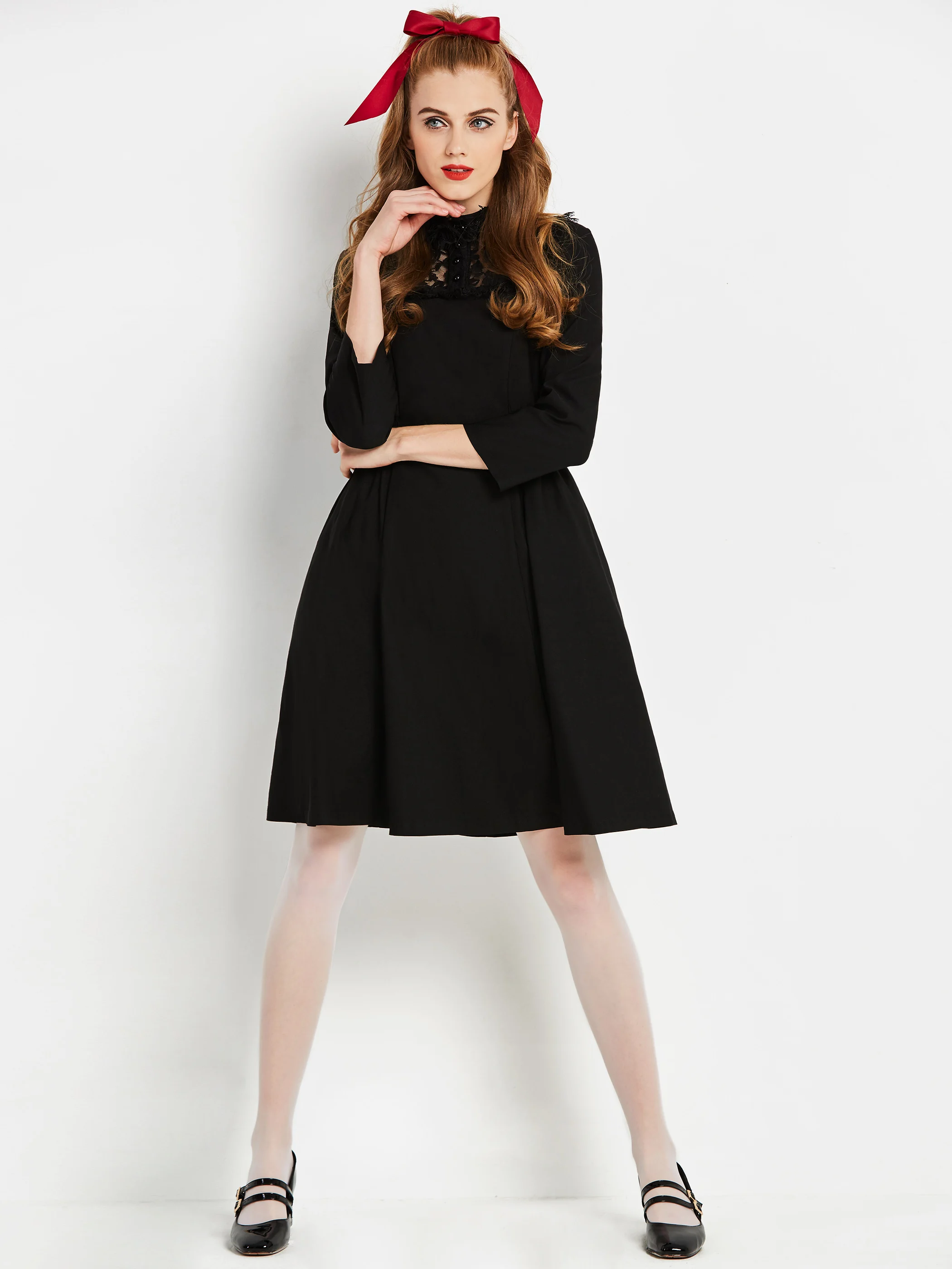 

Women Party Vintage Dresses Lace Sexy Fashion A Line 1960s Elegant Slim Elastic Waist Ladies Spring Goth Solid Black Retro Dress