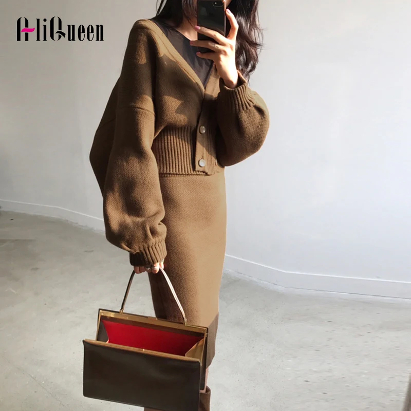 

Korean Knitted 2 Piece Outfits for Women Winter Puff Sleeve Deep Sexy V Neck Sweater Tops Coat+Slim Package Hip Skirt Sets Suit