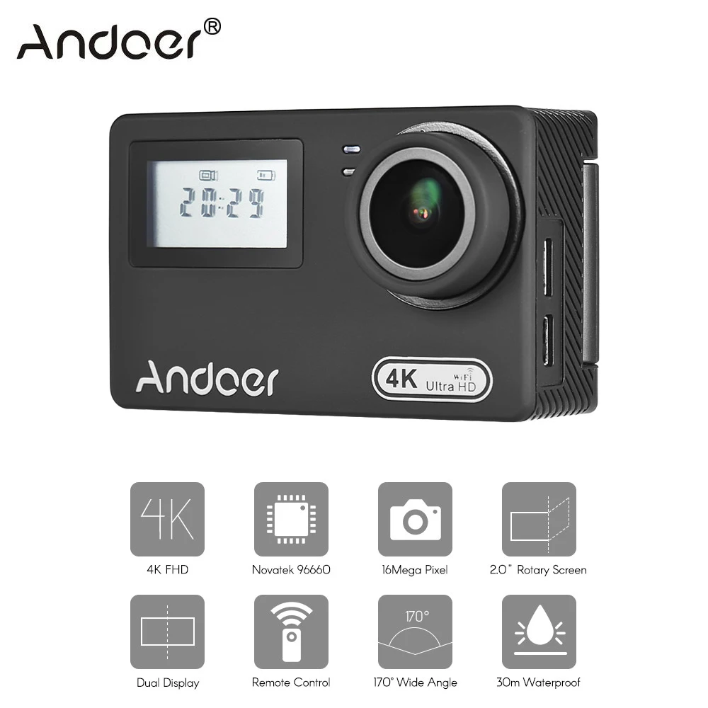 

Andoer AN300 Action Camera 4K WiFi 16MP Sports Action Camera Novatek 96660 Waterproof w/Remote Control Time Lapse Slow Motion