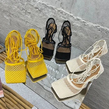 2021 Women Pumps Thin High Heels Sexy Sandals Shoes For Woman Fashion Square Toe Mesh Ankle Strap Pumps Sandals Ladies Shoes 1