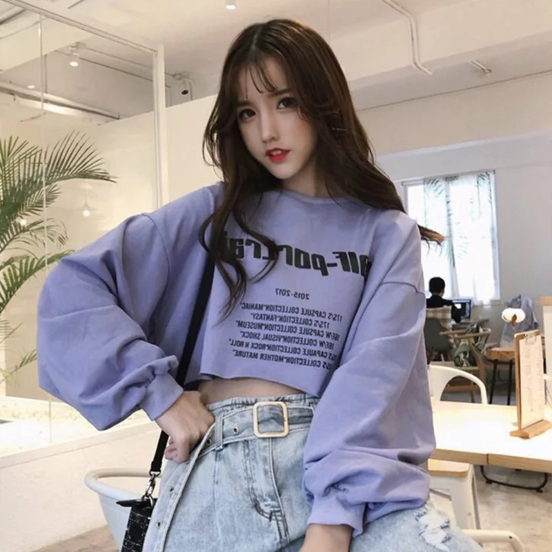 Summer Harajuku Women's Long Sleeve Letter Print Fashion Casual Large Size M-2XL Round Collar Hip Hop Autumn Short T-Shirt | Женская