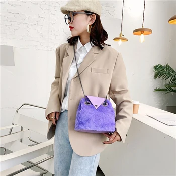 

2020 New Winter Women Small Shoulder Bags Soft Plush Crossbody Owl Shaped Chain Bag Female Pu Leather Warm Fur Bucket Bags