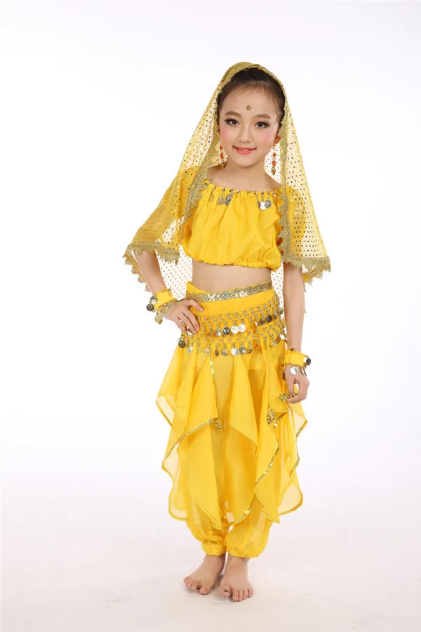 6 цветов живота детские танцевальные костюмы стиль ребенок танец живота девушки Болливуд индийский представление ткань платье 6 шт./компл