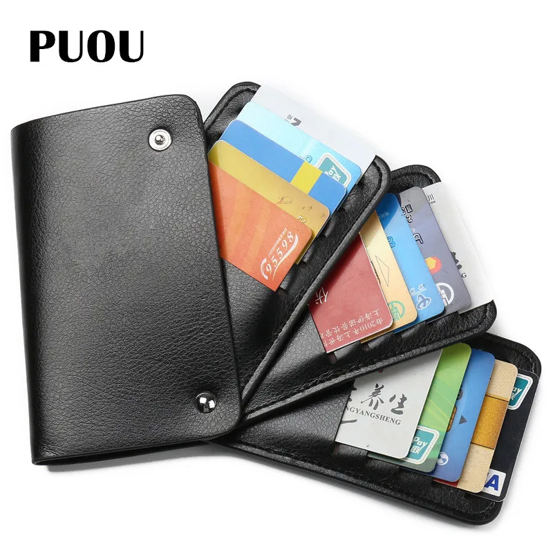 

PUOU Men Sliding Wallet Rotary Multi-Card Holder Money Purse Business Card Holder Leather Credit Card Holder Women Card Case