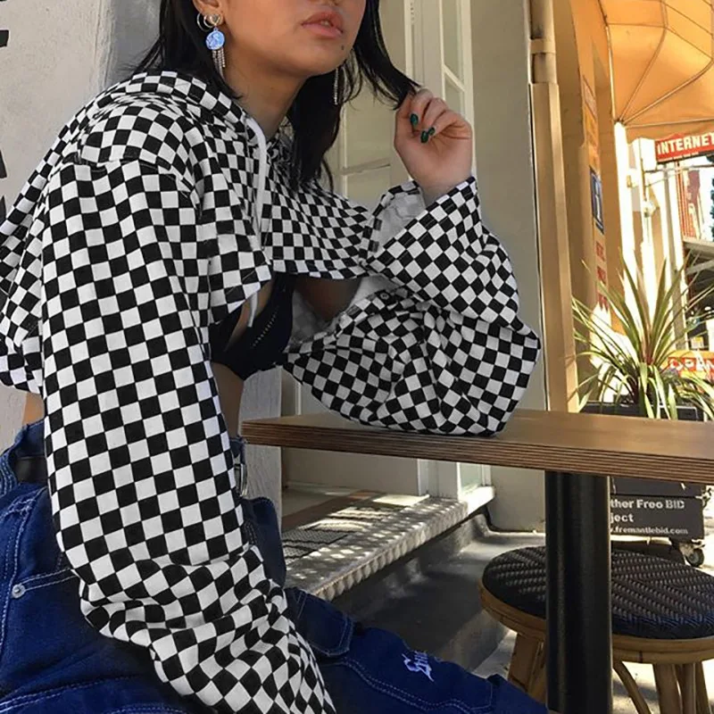Black White Plaid Goth Women Short Hooded Sweatshirt 2020 Lady Thin Cool Gothic Punk Hoodies Punk Hipster Hip-hop Fashion Top